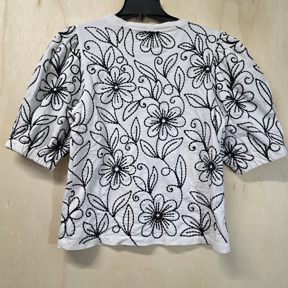 Maeve Anthropologie White Black Floral Embroidered Puff Sleeve Sweatshirt Top M - Picture 11 of 16